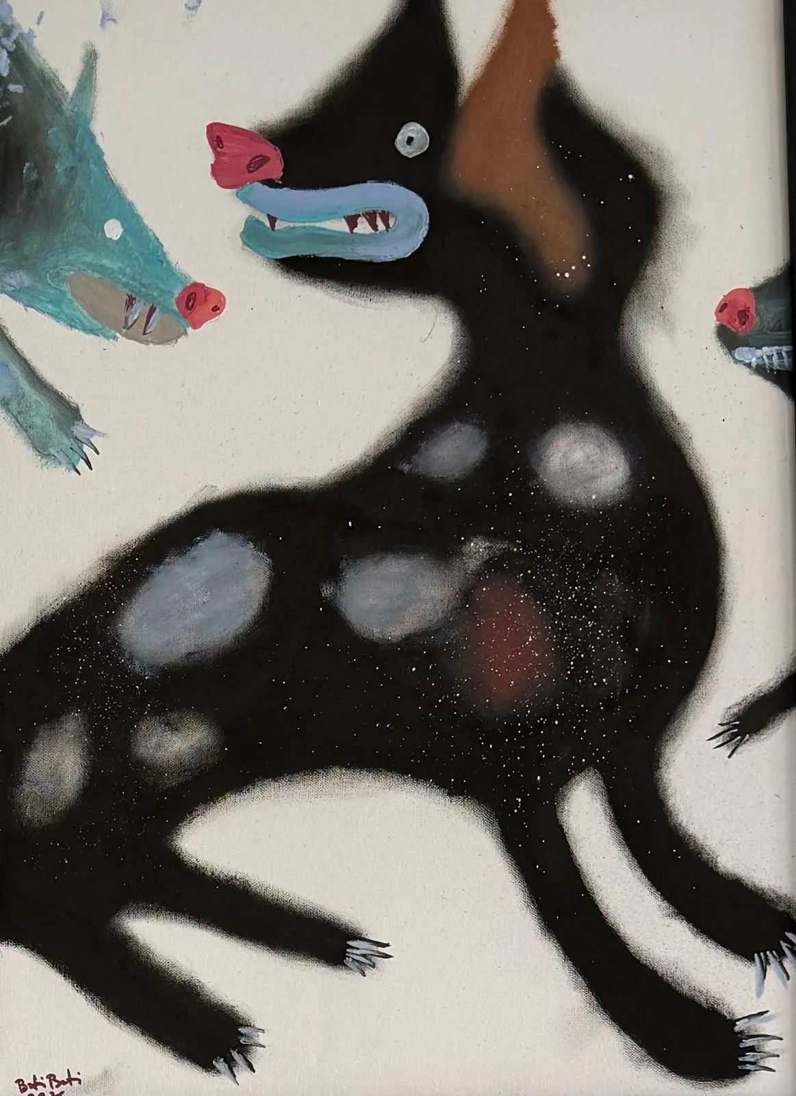 Detail of a painting: a black spotted dog with blue and pink wolf heads around it, signed Boti Boti