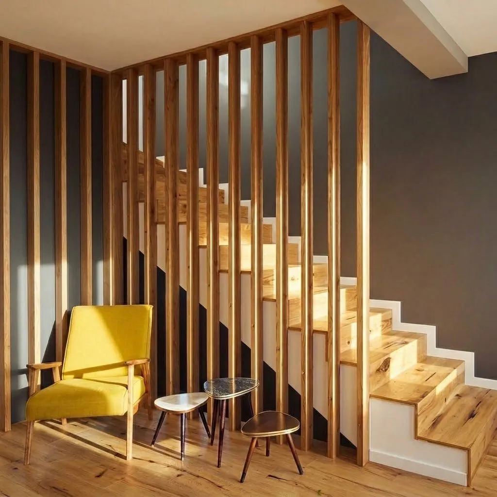 Oak slat screen beside a staircase with a mustard yellow armchair