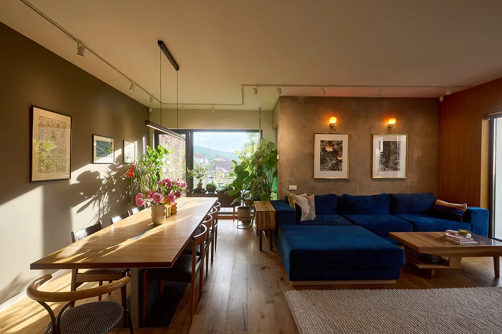 Open kitchen, dining and living space in the Ferenczy house: a long wooden table, a deep blue sofa, warm wood walls, plants and framed prints