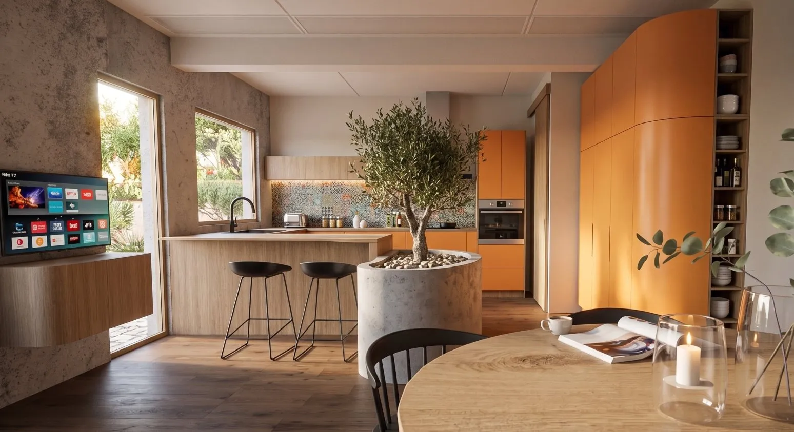 3D visual of a kitchen concept with orange fronts and an olive tree